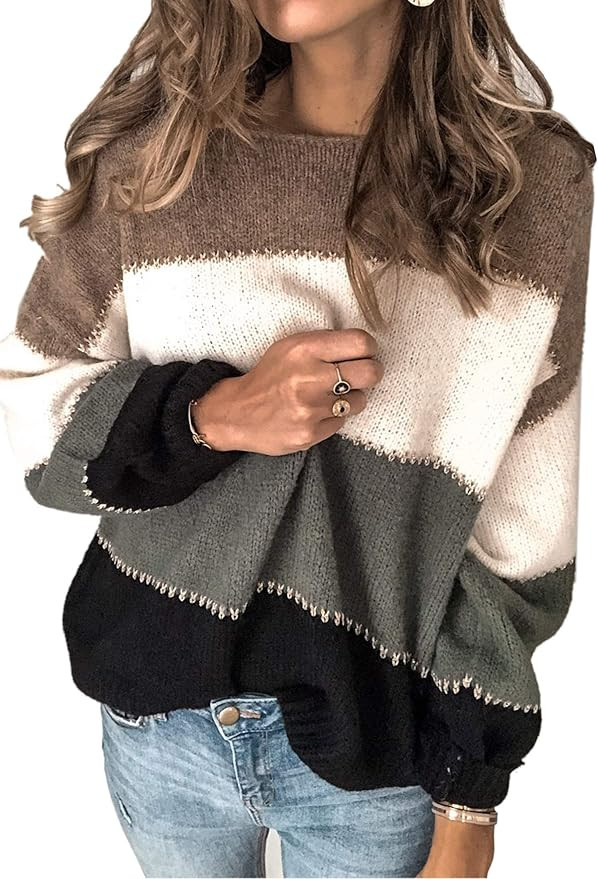 Angashion Women's Sweaters Casual Long Sleeve Crewneck Color Block Patchwork Pullover Knit Sweate... | Amazon (US)