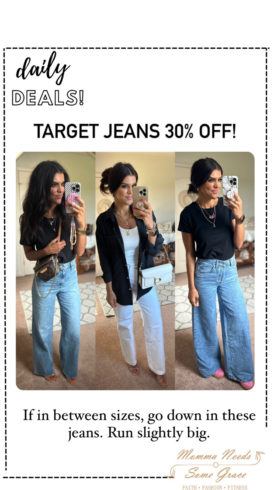 Target jeans 30% off!!
Size 2 in blue jeans pairs (could have done size 0)
Sized down to a 0 in white pair 

#LTKFindsUnder100 #LTKSaleAlert #LTKStyleTip