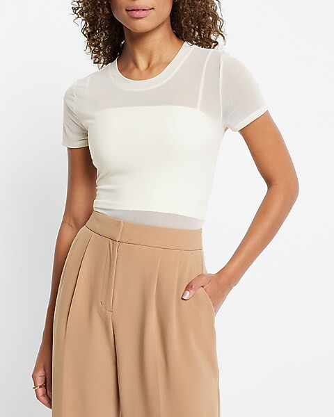 Fitted Crew Neck Mesh Cropped Tee | Express