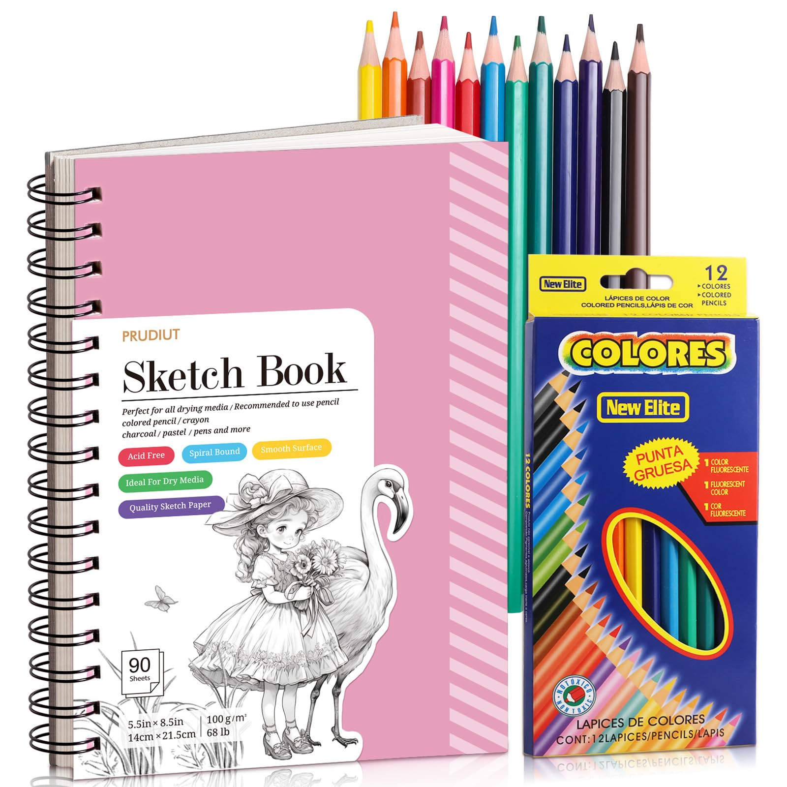 Sketch Book with 12 Color Pencil Set, 90 Sheets Spiral Sketchbook for Drawing (68lb/100gsm), Acid... | Amazon (US)