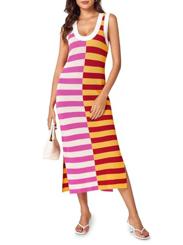 Wenrine Womens Summer Striped Dress Sleeveless Knitted Contrast Color Side Slit Casual Maxi Beach... | Amazon (US)