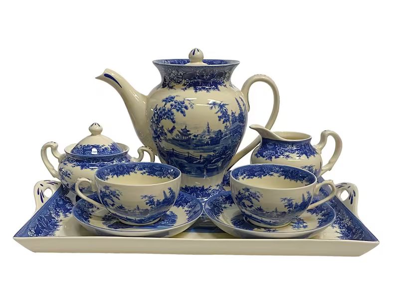 Pagoda Blue Transferware Porcelain Tea Set with Tray - Antique Reproduction | Etsy (US)