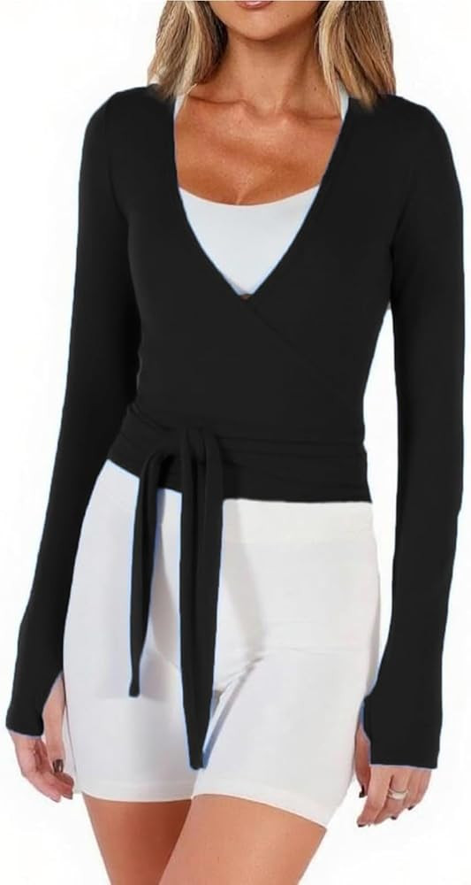 Women Crop Wrap Top Thumb Hole Long Sleeve Active Self Tie Workout Shirt Ballet Pilates Yoga Wrap... | Amazon (US)