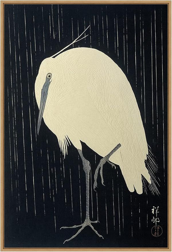 Amanti Art Framed Canvas Wall Art Print (23x33) Egret in the Rain, 1925-1936 by Ohara Koson Float... | Amazon (US)