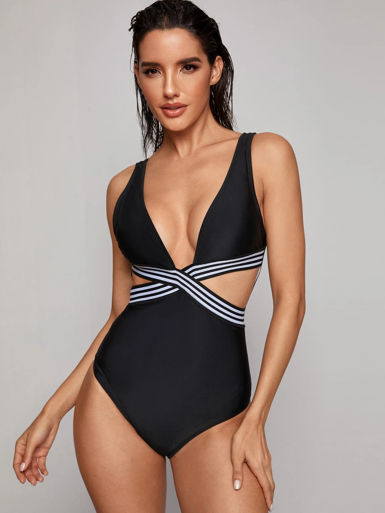 Striped Cut Out One Piece Swimwear | SHEIN