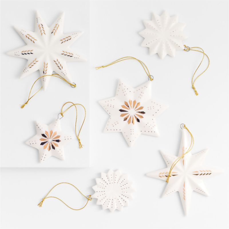 Gold and White Ceramic Snowflake Christmas Tree Ornaments, Set of 6 + Reviews | Crate & Barrel | Crate & Barrel