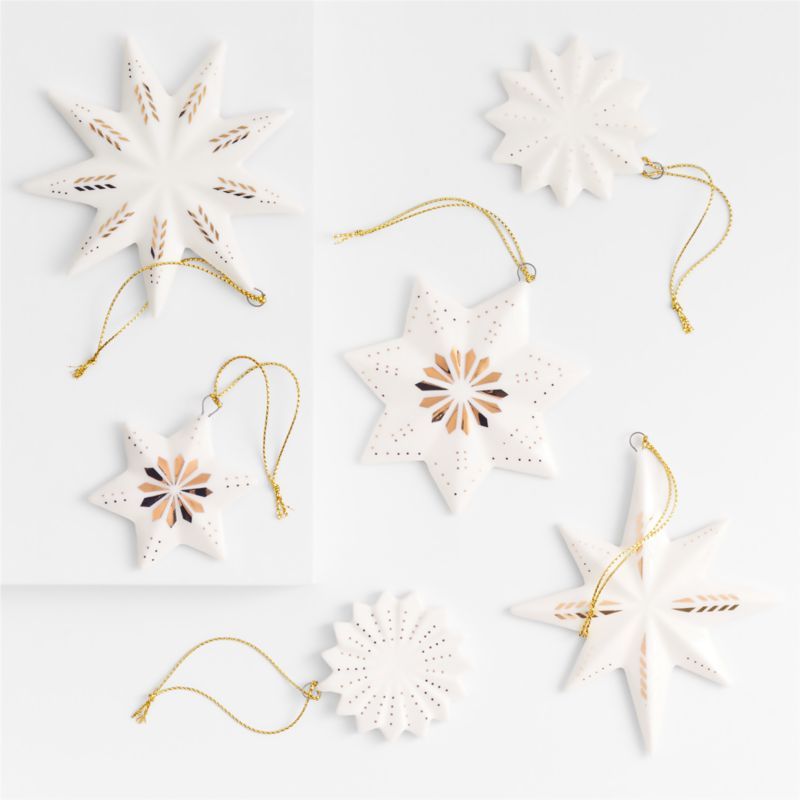 Gold and White Ceramic Snowflake Christmas Ornaments, Set of 6 | Crate & Barrel | Crate & Barrel