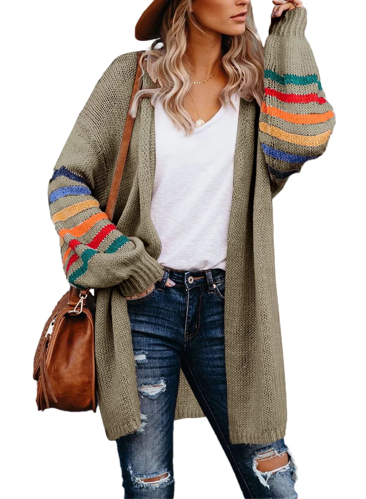 Aleumdr Plus Size Cardigan for Women Long Stripe Knit Open Front Sweaters Jacket 2XL - Walmart.co... | Walmart (US)