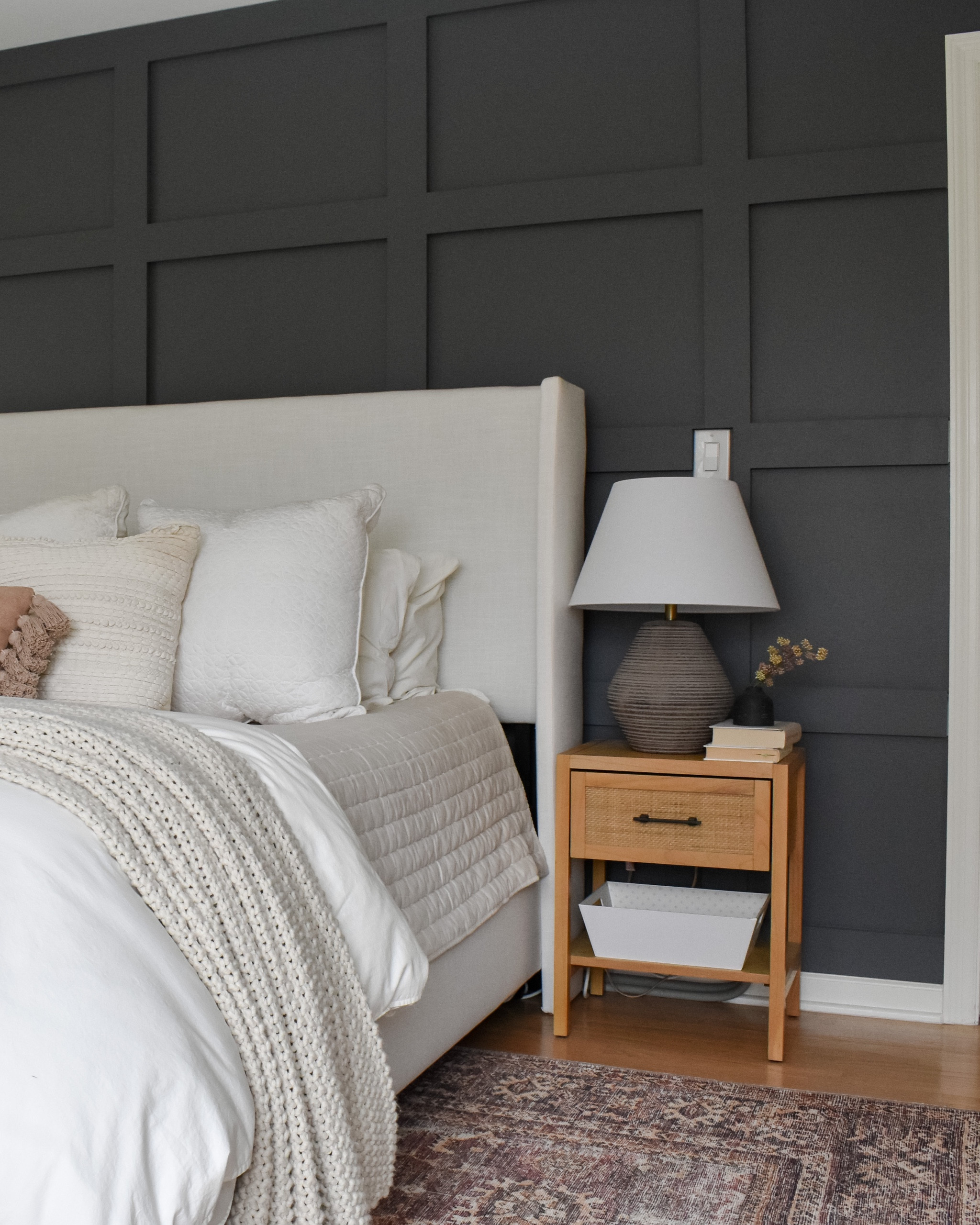 Target nightstand. Table lamp. Neutral bedding. Upholstered headboard. Area rug. Neutral home decor. Loloi. 

#LTKsalealert #LTKhome