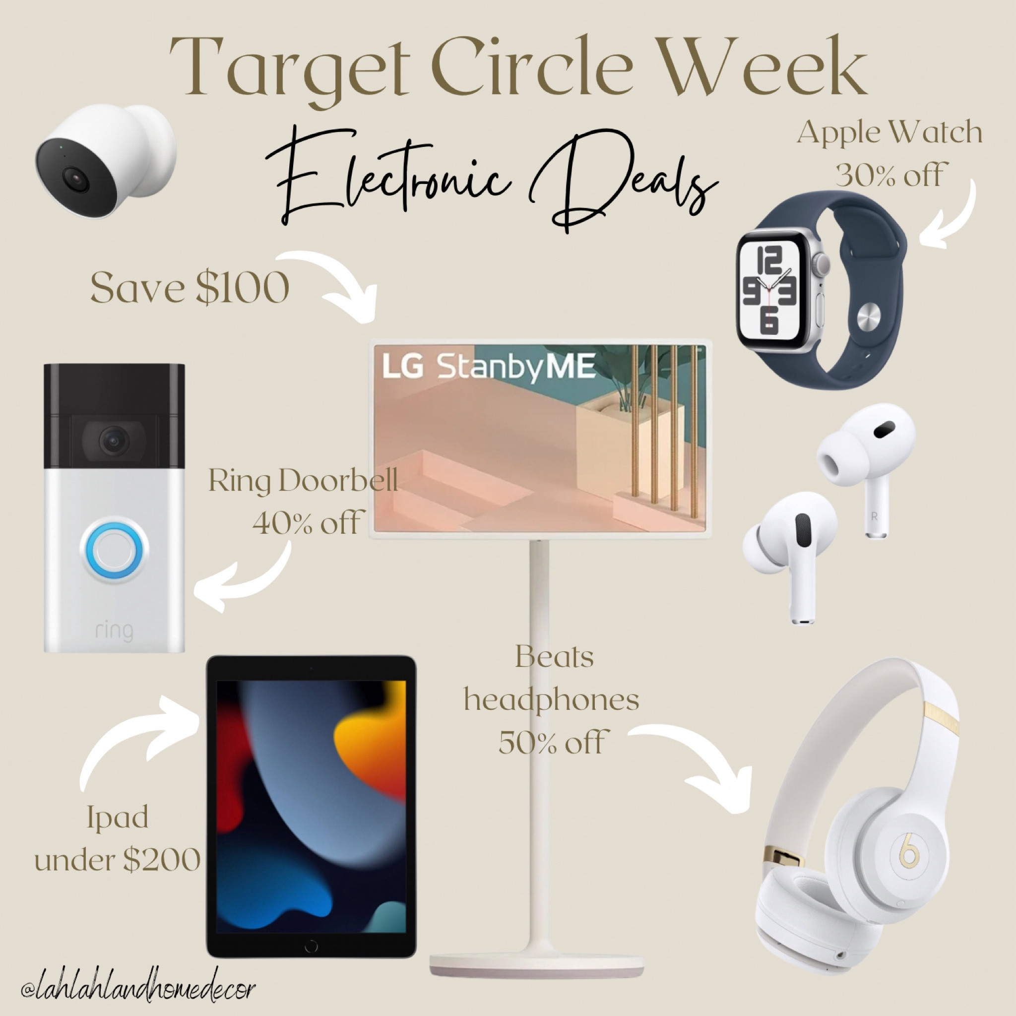 Save up to 50% Electronics during Target Circle Week! Apple watch | Ring doorbell | security cameras | ipad | beats headphones | ipods | lg stand by me @target #targetfinds #targetcircleweek

#LTKGiftGuide #LTKHome #LTKSaleAlert