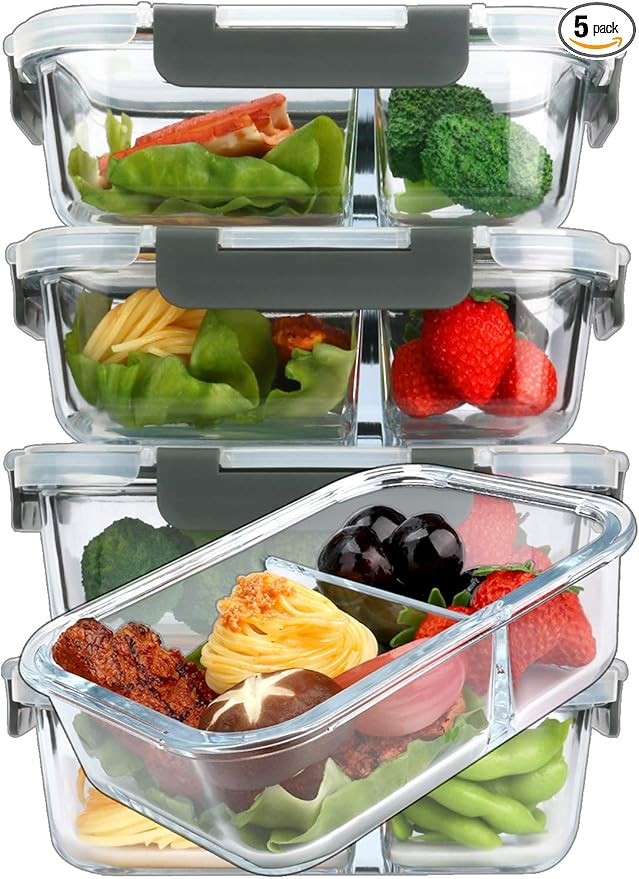M MCIRCO [5-Pack,36 Oz] Glass Meal Prep Containers 2 Compartments Portion Control with Upgraded S... | Amazon (US)