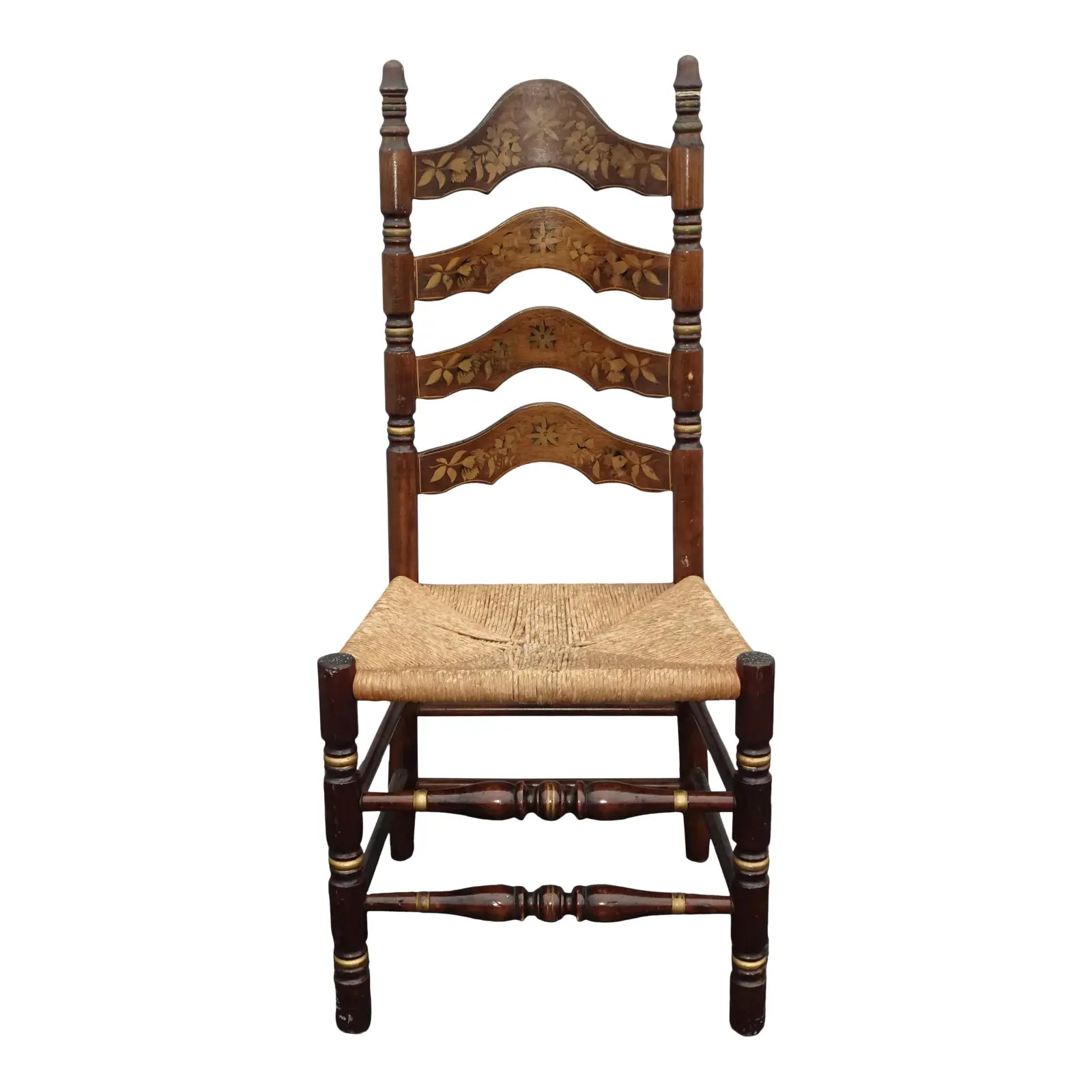 Vintage French Country Rush Ladderback Chair W Floral Painted Backrest | Chairish