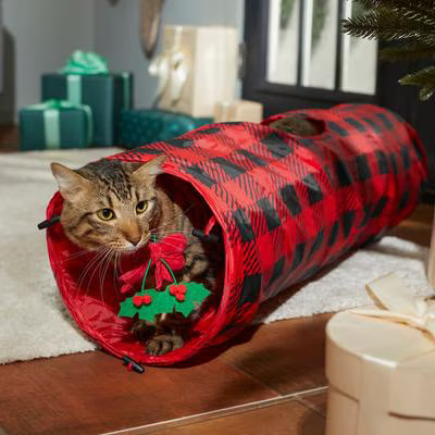 Frisco Holiday Buffalo Plaid Foldable Play Tunnel Cat Toy with Catnip | Chewy