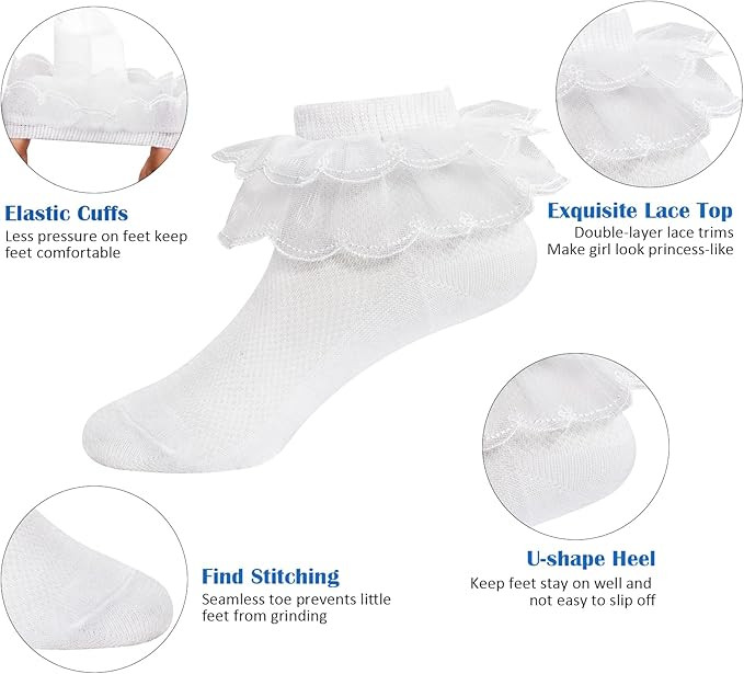 4/5/6 Pack Baby Toddler Girls Ruffle Socks White Princess Eyelet Frilly Lace Ankle Cotton Dress S... | Amazon (US)