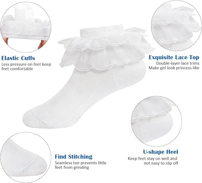 4/5/6 Pack Baby Toddler Girls Ruffle Socks White Princess Eyelet Frilly Lace Ankle Cotton Dress S... | Amazon (US)