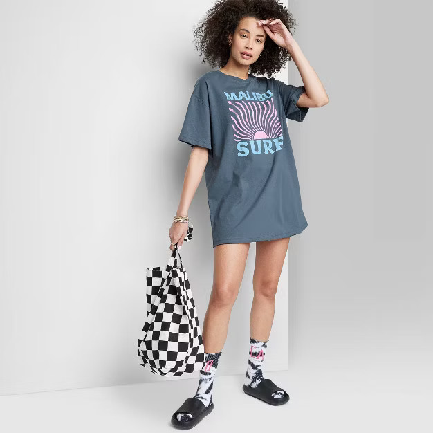 Women's Ascot + Hart Malibu Surf Short Sleeve Graphic Boyfriend T-Shirt Dress - Gray M | Target