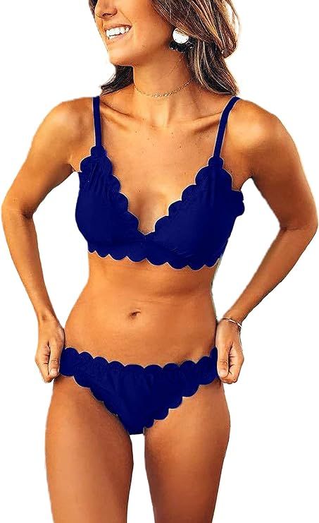 Remidoo Women Two Pieces Classic Scallop Bathing Suits Sexy V Neck Bikini Set Swimsuits | Amazon (US)