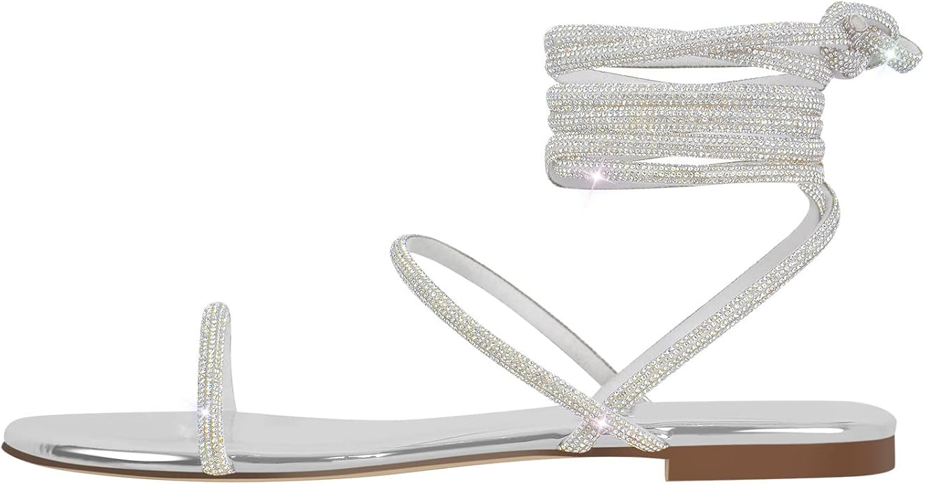 Richealnana Women's Rhinestones Crisscross Strap Square Toe Flat Sandals | Amazon (US)