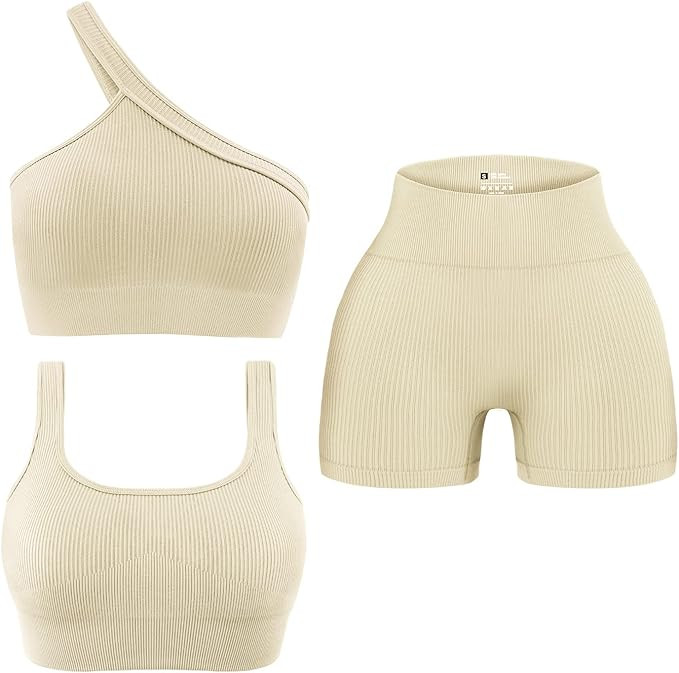 OLCHEE Womens 3 Piece Workout Sets - Seamless Ribbed Yoga Outfits Sports Bra One Shoulder Top Bik... | Amazon (US)