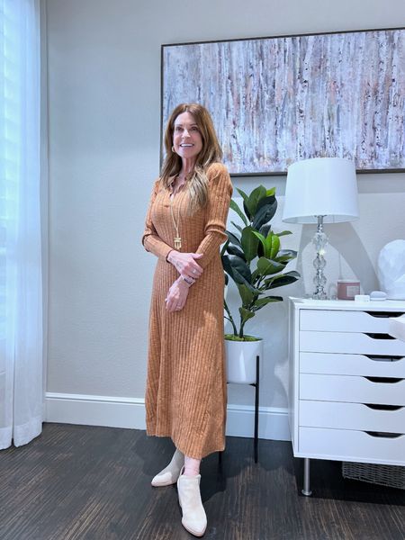 V-neck collared rust colored sweater midi dress. Cute on its own or with a jean jacket. Paired with some beige booties and some cabi jewelry. Wearing size small.
#casuallook #midlifestyle #womenover50 #outfitinspo

#LTKSeasonal #LTKshoecrush #LTKstyletip