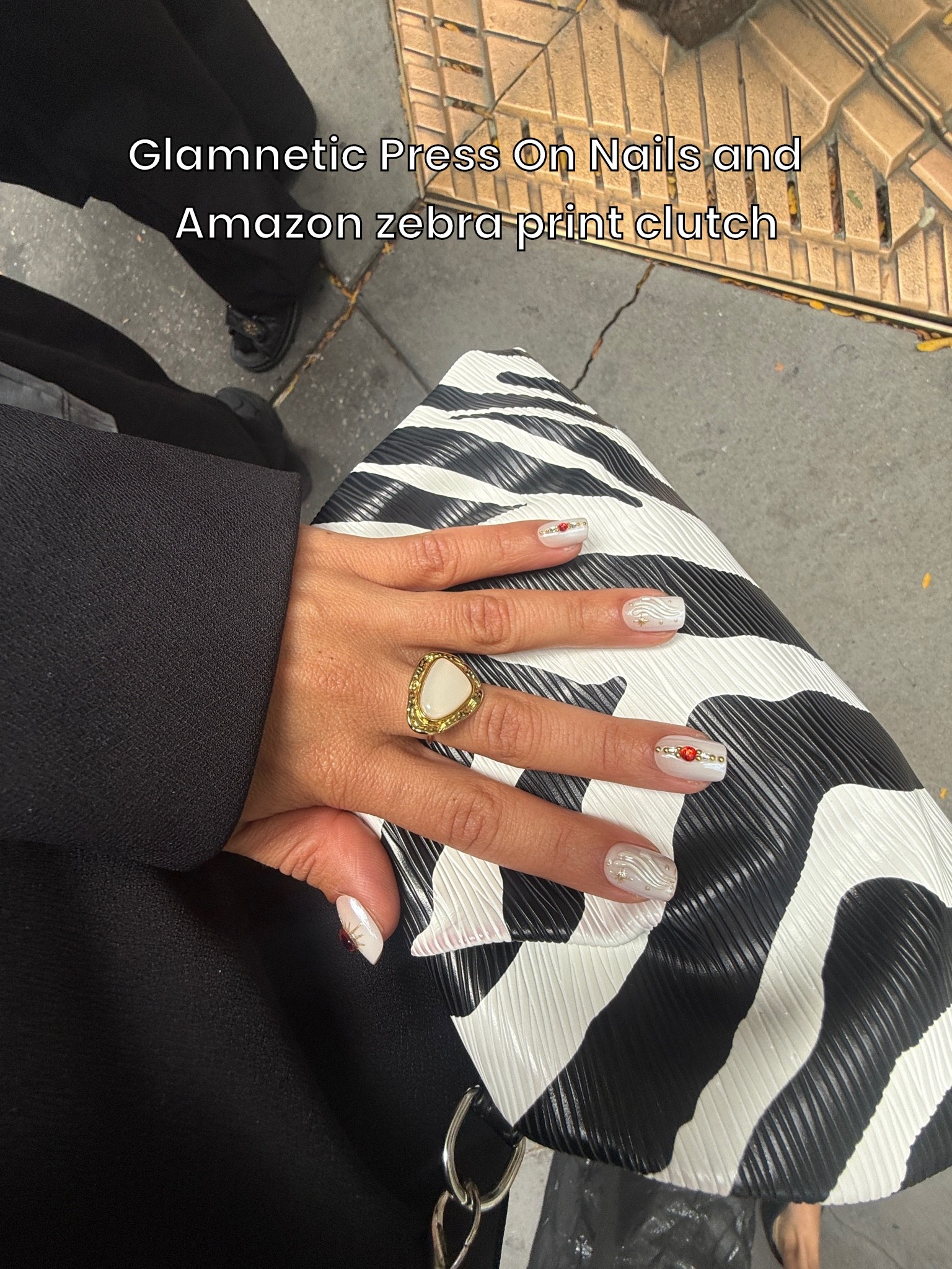 Glamnetic gemstone press on nails from Ulta and zebra clutch from Amazon!