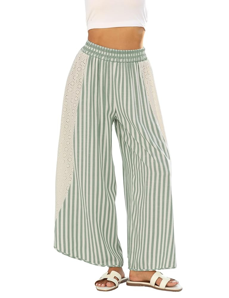 Athlisan Womens Summer Casual Loose Striped Wide Leg Lounge Pants Elastic Waist Palazzo Trousers | Amazon (US)