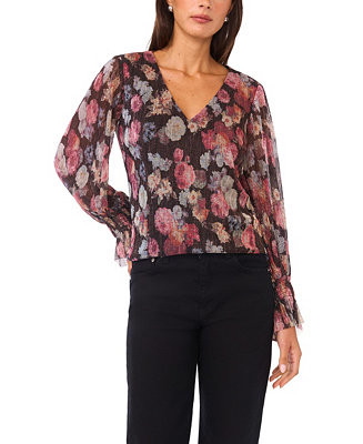 Women's Long Sleeve V-Neck Shirred Cuffs Top | Macy's