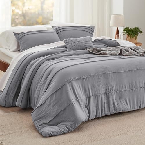 Bedsure Full Comforter Set - 4 Pieces Pinch Pleat Bed Set, Grey Boho Bedding for All Season, 1 Soft Comforter, 2 Pillowcases, 1 Decorative Pillow | Amazon (US)