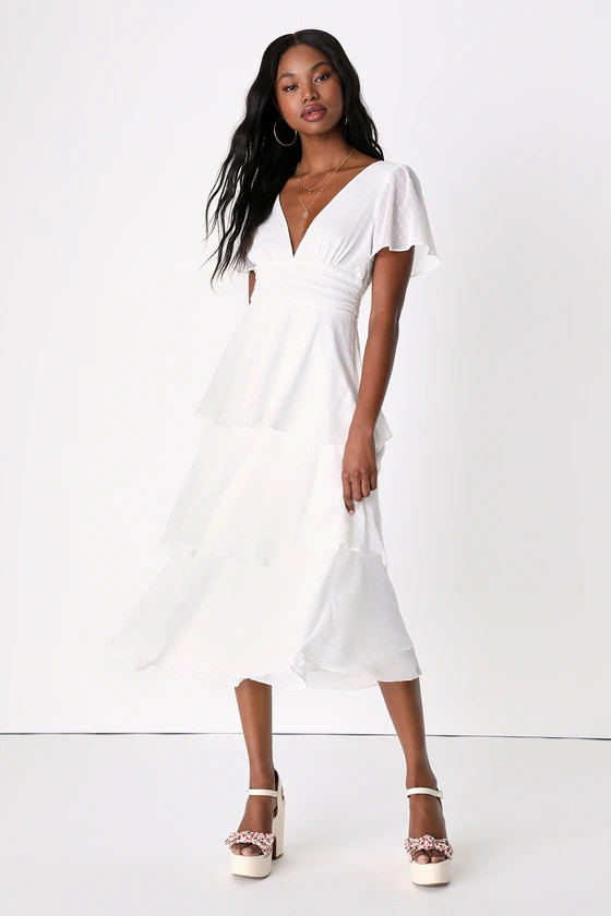 Bound for Romance White Clip Dot Tiered Midi Dress | Lulus (US)