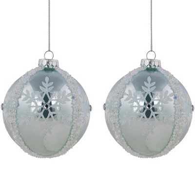 Northlight Glitter Snowflakes Beaded Christmas Glass Ball Ornaments - 4" - Ice Blue - Set of 2 | Target
