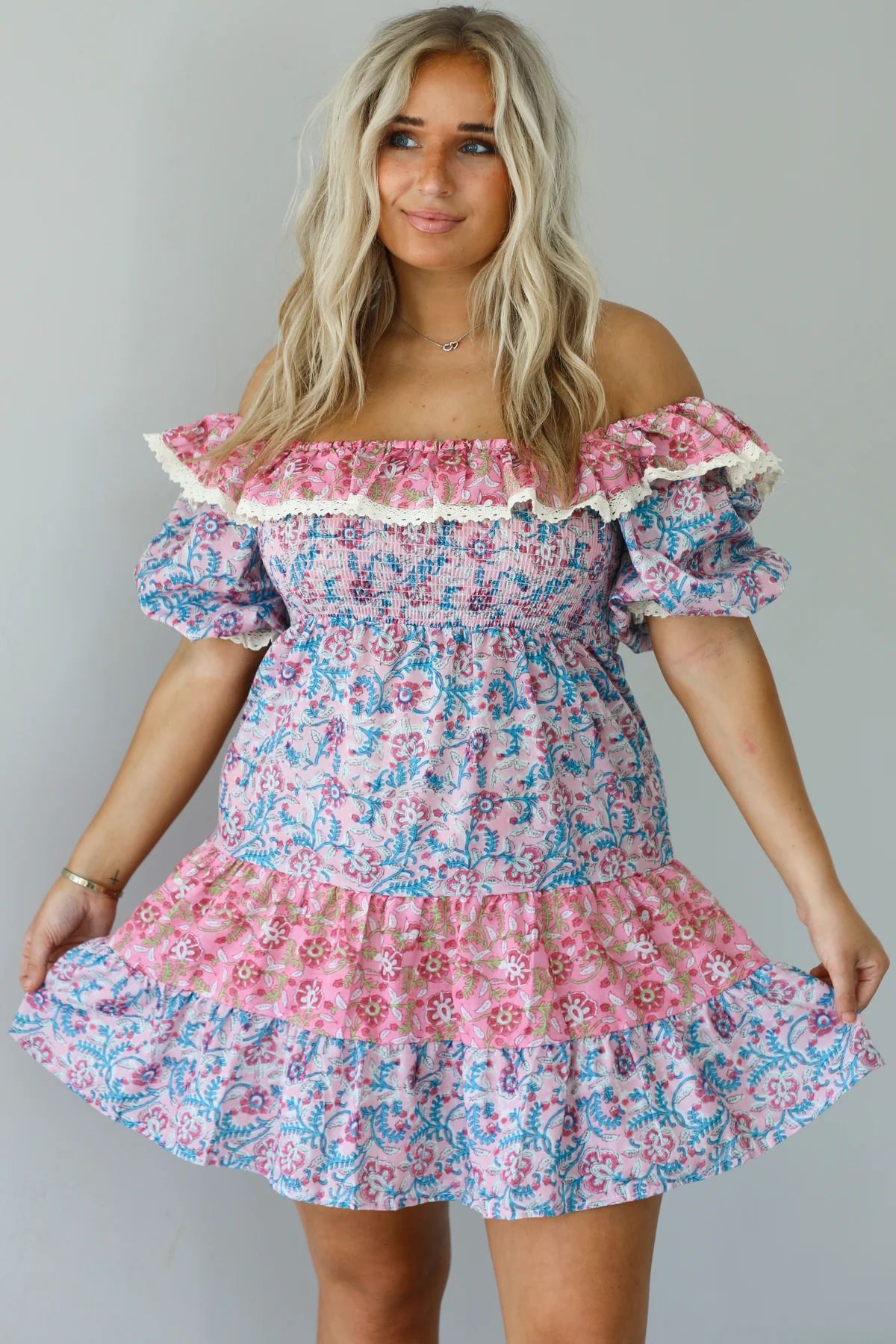 Arizona Mornings Puff Sleeve Dress: Pink/Multi | Shophopes
