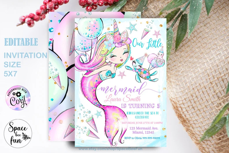 Editable Mermaid Birthday Invitation Unicorn Mermaid Party | Etsy | Etsy (US)