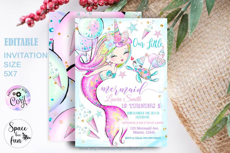 Editable Mermaid Birthday Invitation Unicorn Mermaid Party | Etsy | Etsy (US)