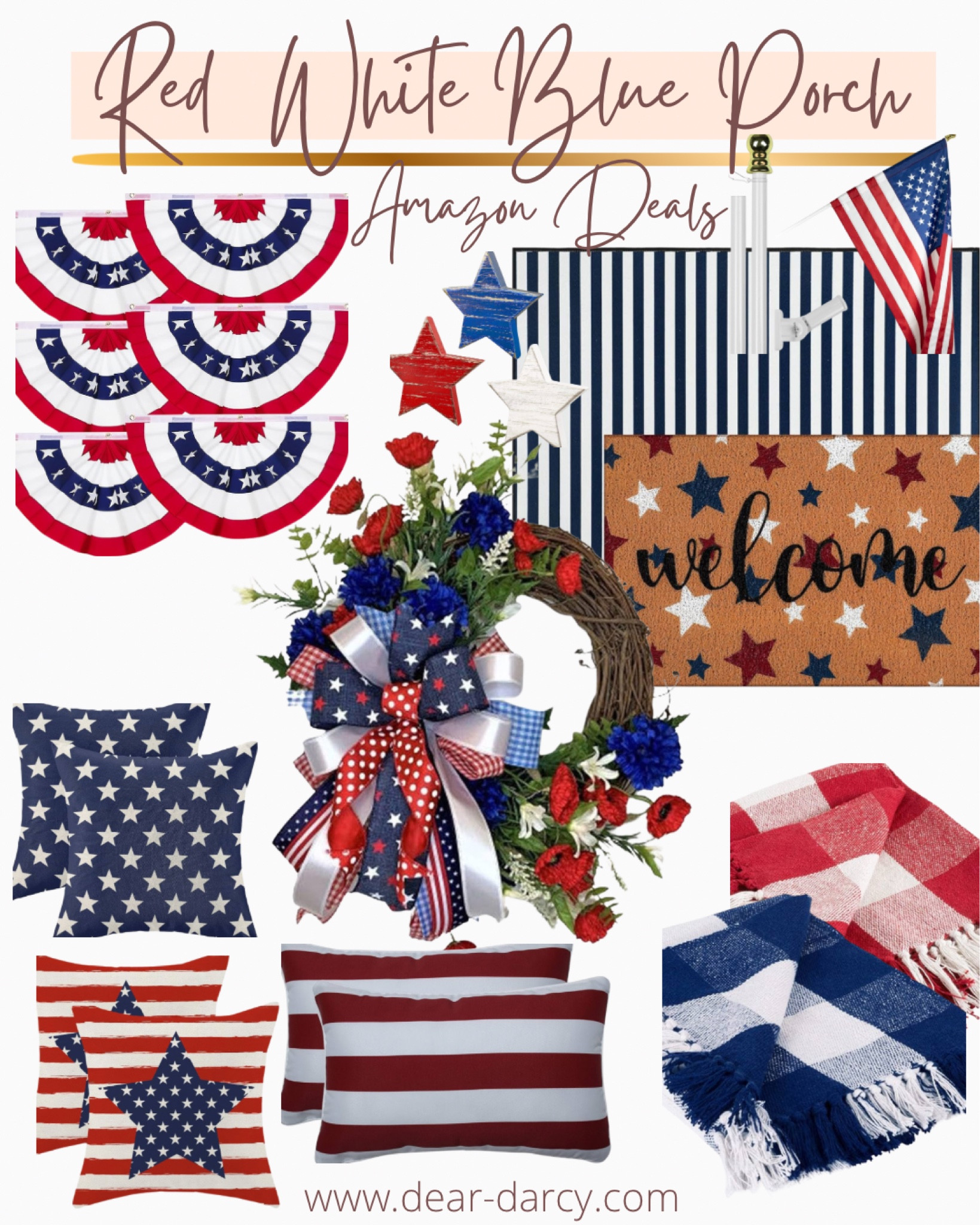 Red white & Blue  porch❤️🤍💙

Memorial Day or 4th of July Front porch
Decor Affordable and some deals on Amazon  

💙Flag bunting for windows ,’porch railing or fence:) I put mine on my window boxes.

❤️ house Flag with a pole 

💙welcome mat and rug 2 piece set 

❤️ bench or chair pillows

💙 throw blankets (Ilove to have for cooler evenings)

❤️ really cute 4th of July front door wreath 

💙 Set of stars  (I have mine sitting on a porch table) 

#LTKHome #LTKStyleTip #LTKFindsUnder50