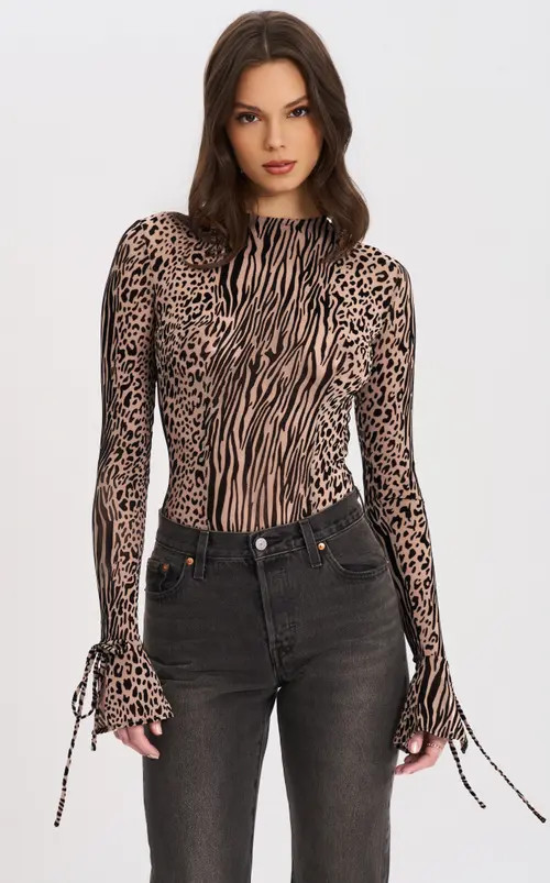 Miss Circle Ibera Animal Print Burnout Velvet Long Sleeve Bodysuit in Brown at Nordstrom, Size Large | Nordstrom
