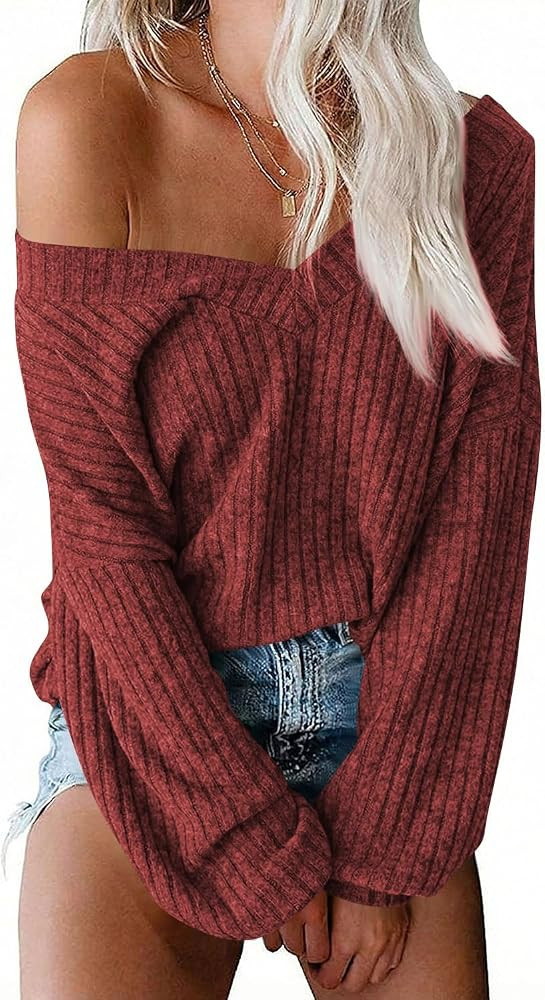 Poetsky Oversized Off The Shoulder V Neck Long Sleeve Knit Pullover Sweater | Amazon (US)