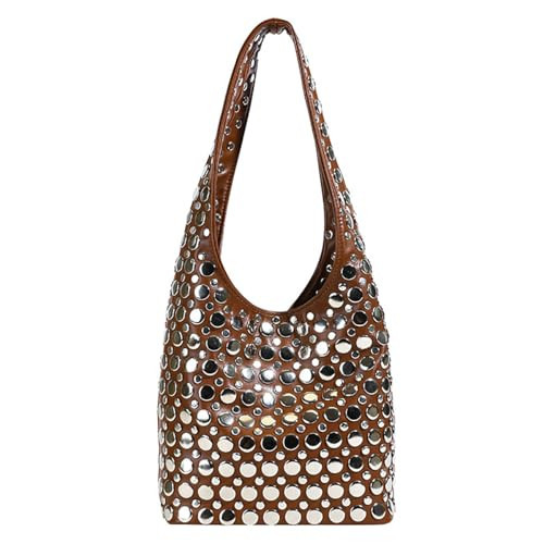 Women's Studded Shoulder Bag Y2k 90s Punk Underarm Purse Soft PU Leather Hobo Handbag Brown | Amazon (US)