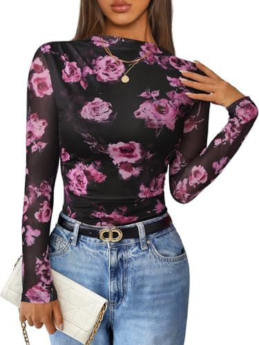 ZESICA Floral Long Sleeve Tops for Women Spring Mesh Mock Neck Ruched Fitted Shirts Going Out Blo... | Amazon (US)