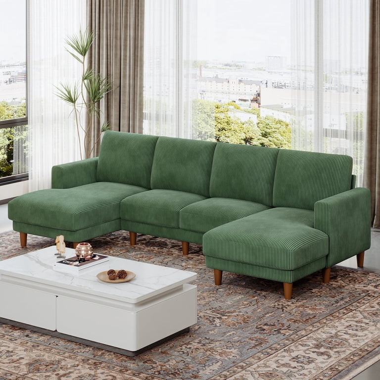 106" Corduroy Sofa for Living Room, U Shaped Couch, Wood Frame, Green | Walmart (US)