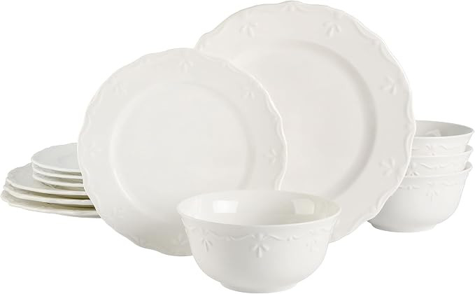 Gibson Home Round Embossed Dinnerware Set, Service for 4 (12pcs), White | Amazon (US)