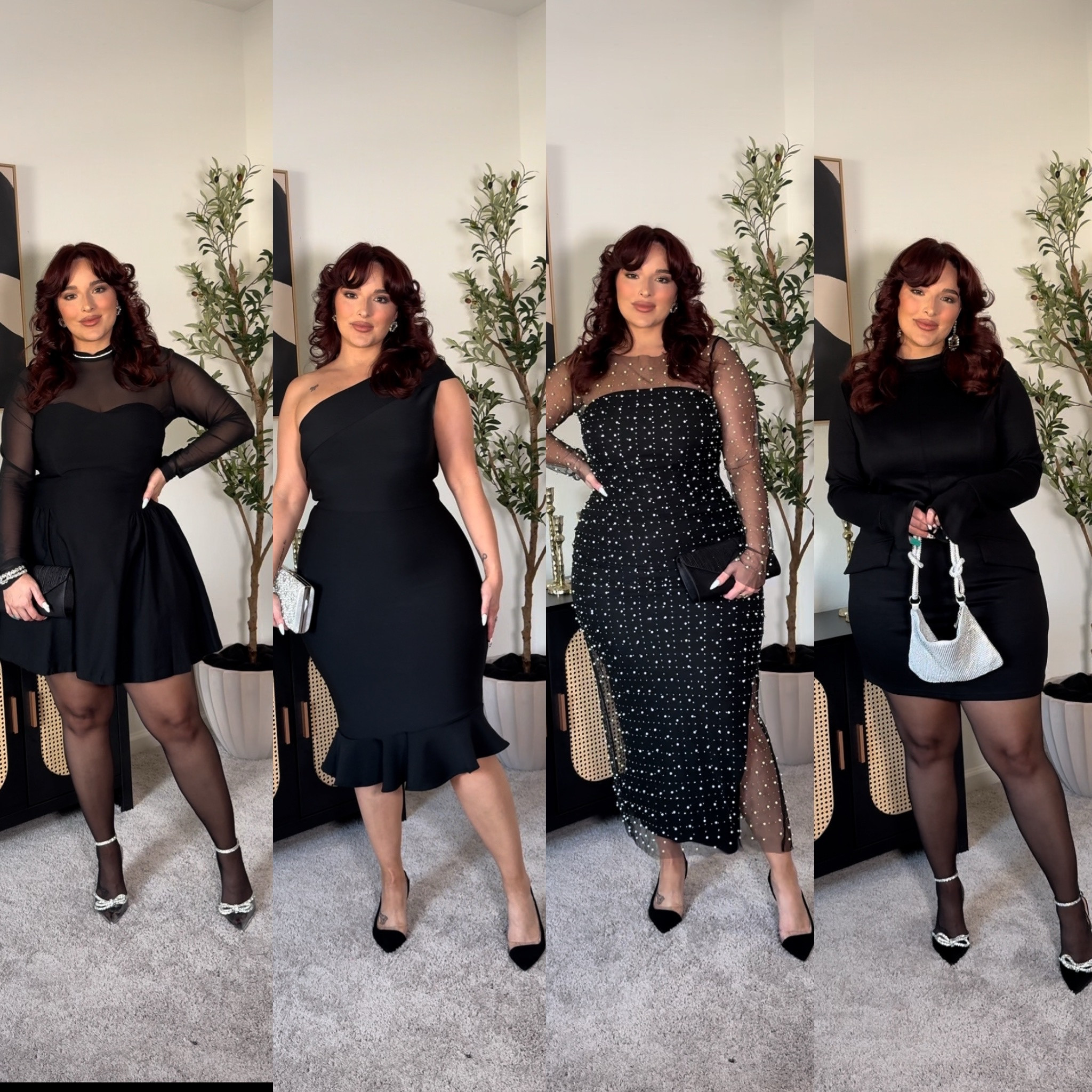 Right to left | short dress: XL, tights: xxl, mesh top: XL | outfit 2: dress: L | outfit 3: black dress: L, pearl dress: xxl runs small | long sleeve dress: XL

#LTKParties #LTKMidsize #LTKHoliday