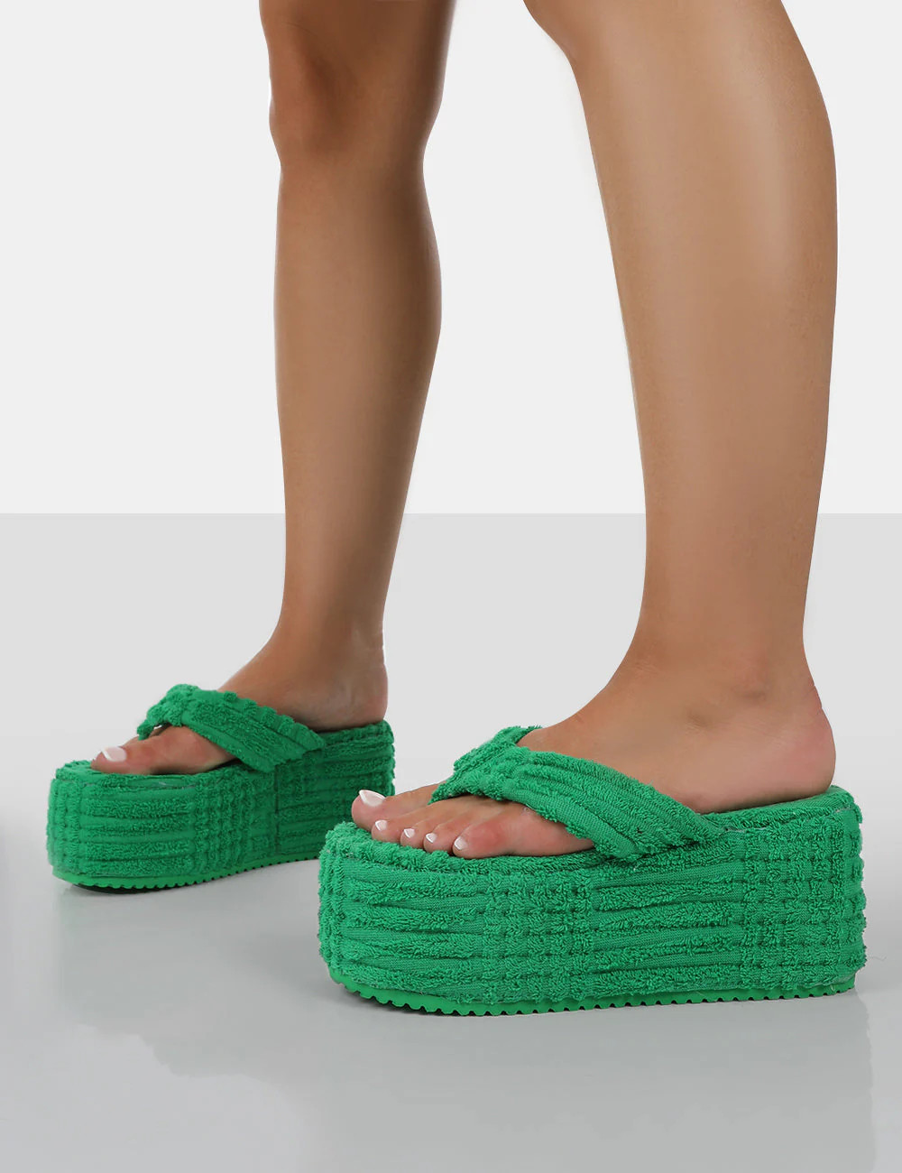 Nell Green Terry Towelling Platform Wedge Flip Flop Sandals | Public Desire (US & CA)