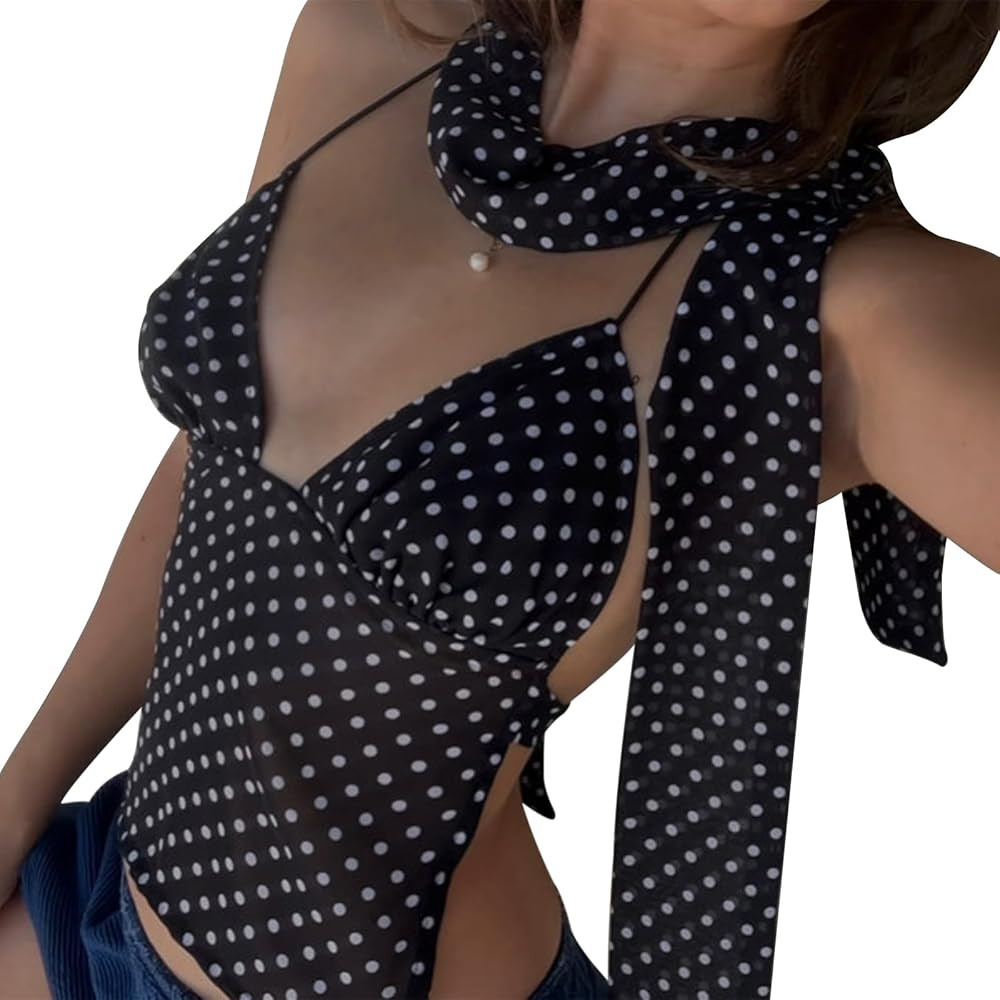 Women Y2K Cami Tank Top Polka Dot Sleeveless V Neck Crop Top Sexy Lace Trim Spaghetti Strap Camis... | Amazon (US)