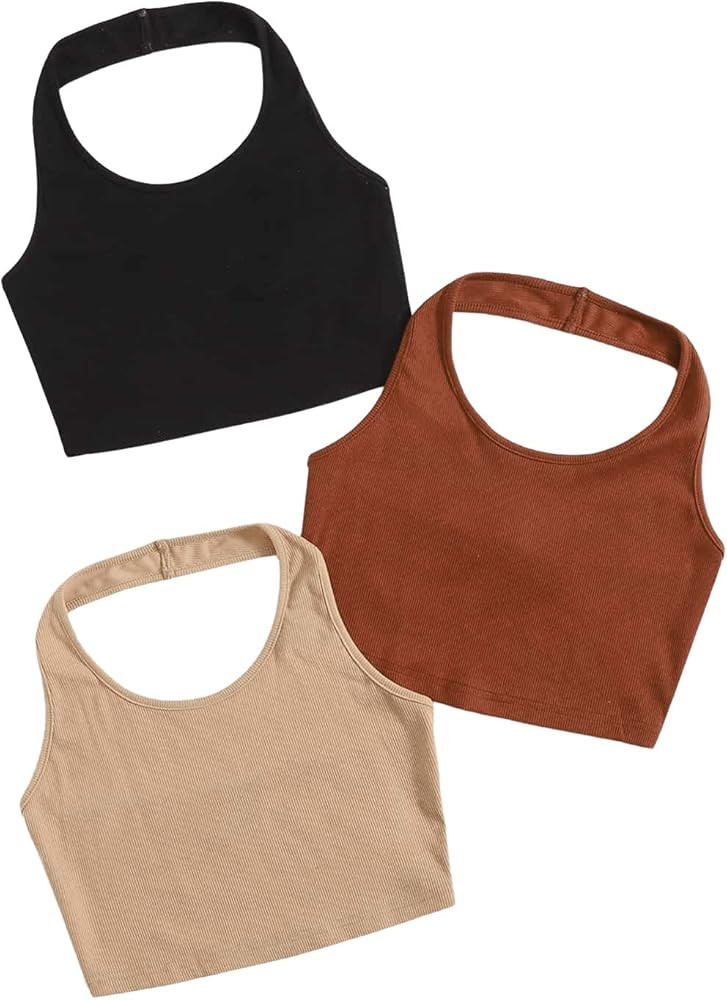 SweatyRocks Women's 2 Pack Basic Rib Knit Crop Halter Top Sleeveless Vest | Amazon (US)
