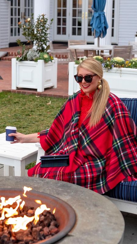 Plaid red tartan ruana wrap on sale under $40! Linking this red dress and holiday outfit (earrings similar)

#LTKHoliday #LTKfindsunder50 #LTKover40