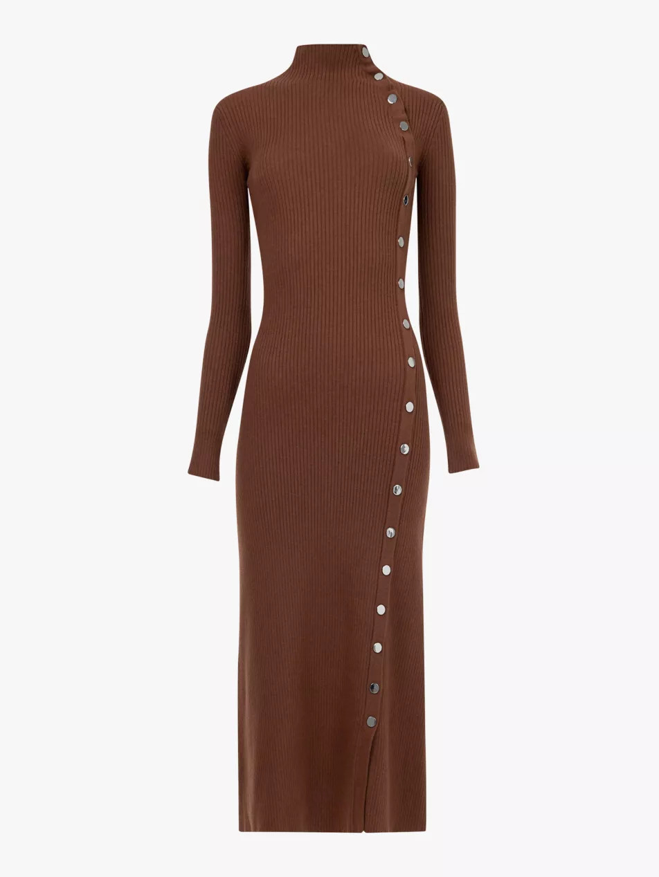 High-neck snap-embellished knitted midi dress | Selfridges