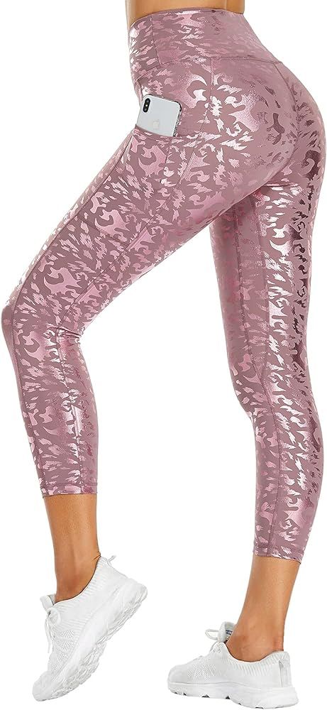 OUYISHANG Women's Capri Yoga Pants with Pockets High Waisted Shine Workout Leggings Faux Leather ... | Amazon (US)