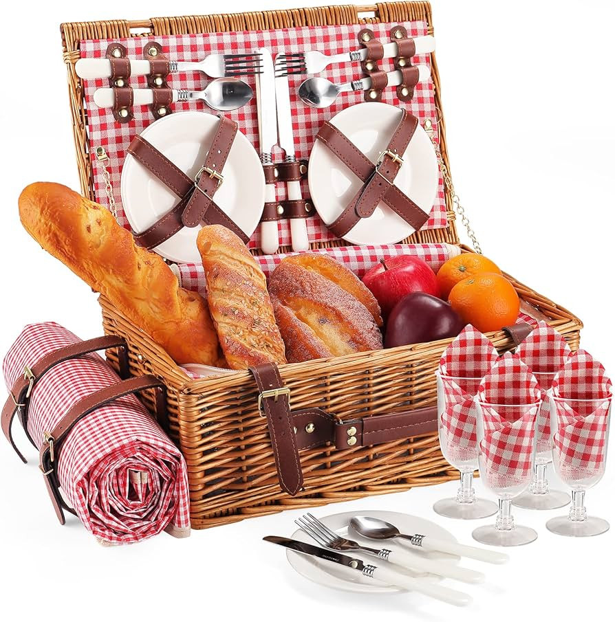 Picnic Basket for 4 Persons with Waterproof Picnic Blanket and Insulated Cooler, Large Wicker Pic... | Amazon (US)