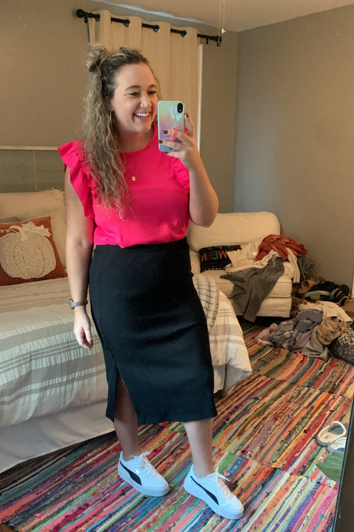 Size 0XL in top - fits true to size. 
Large in skirt - very roomy, fits true to size 

#LTKcurves #LTKworkwear #LTKunder50