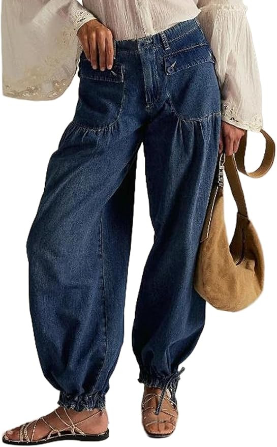 yoeasy Women's Lotus Tube Jeans Mid Rise Baggy Wide Leg Barrel Jeans Ruffle Pleated Denim Pants w... | Amazon (US)